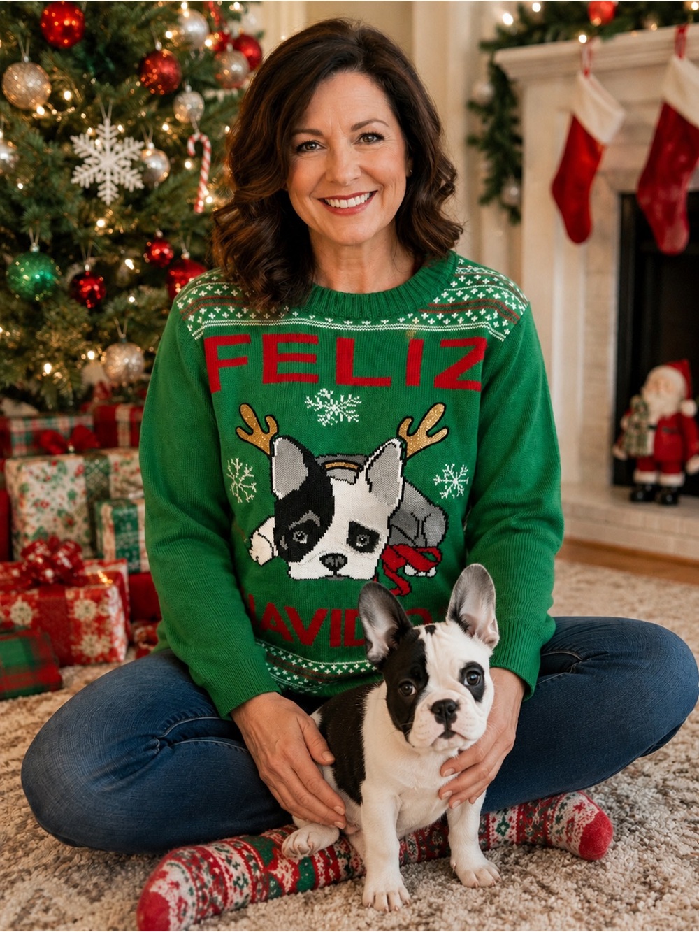 Feliz Navidog Christmas Sweater Festive English Bulldog Self Esteem Woman’s Sz M